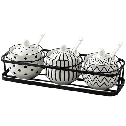Ceramic Spice Jars Porcelain Condiment Jars Set with Spoon and Lid Condiment Pots for Salt, Sugar, Pepper Seasonings Set of 3 (Black Wall Mounted Rack)