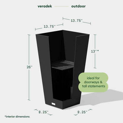 Veradek V-Resin Indoor/Outdoor Taper Planter (Black, 26 inch - 2 Pack with 2 Saucer Trays)