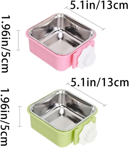 Crate Dog Bowl,Removable Stainless Steel Water Food Feeder Bowls Crate Coop Cup,Pet Cage Bowls with Bolt Holder for Cat, Puppy, Birds, Rats, Rabbits Small Animals ((Green+Pink) Square, Large)
