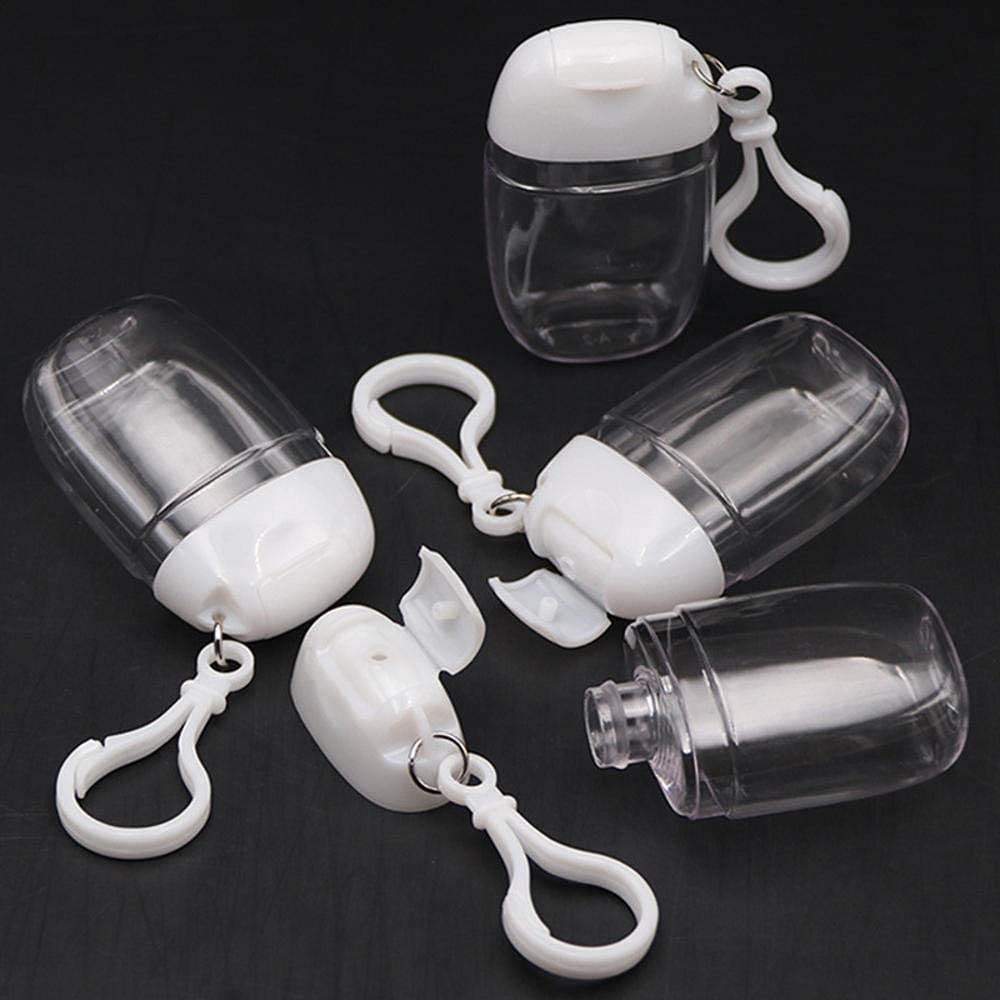 Healthcom 10 Pcs 1Oz 30ml Clear Empty Bottles Hand Sanitizer Travel Holder Hook Keychain Carriers White Flip Cap Reusable Portable Empty Bottle Refillable Cosmetic Container for Liquid Lotions Creams