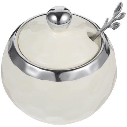 Kichvoe Porcelain Seasoning Jar with Lid and Spoon 3.74 Inch Ceramic Sugar Container Multifunctional Condiment Holder for Kitchen and Dining