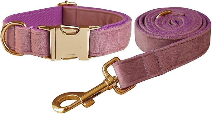 Love Dream Velvet Dog Collar and Leash Set, Soft & Comfy Adjustable Dog Leash and Collar with Heavy Duty Metal Buckle for Small Medium Large Dogs Training & Walking (Large, Light Purple)