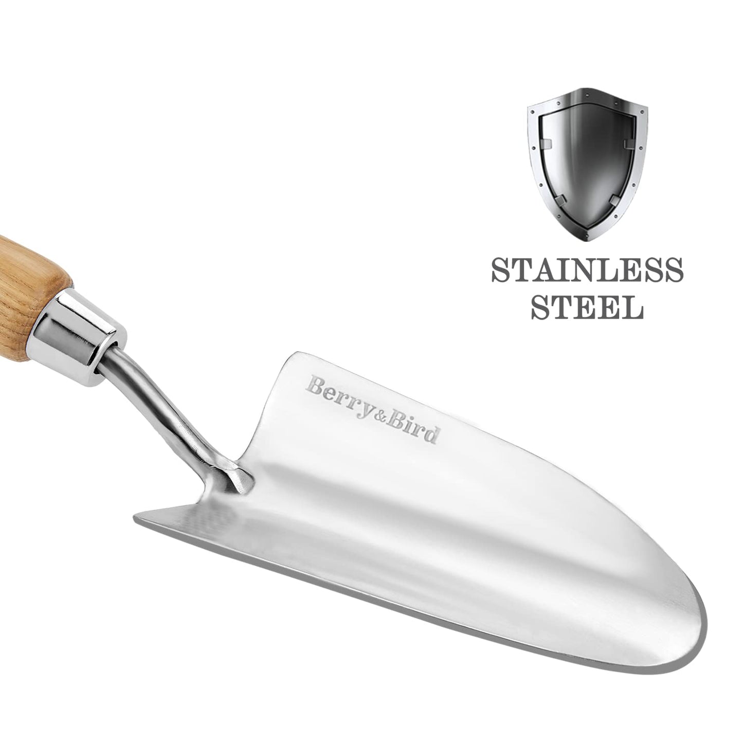 Berry&Bird Stainless Steel Trowel, Garden Small Flower Hand Shovel, Potting Soils Scoop with Wood Handle, Gardening Bonsai Tools for Transplanting Digging Weeding Planting