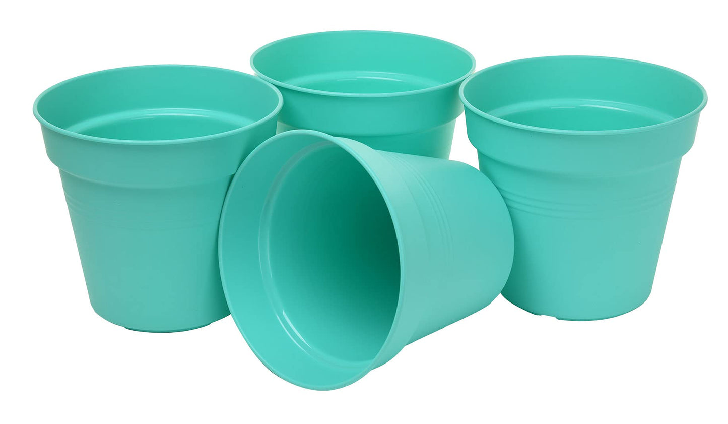 Mintra Garden Pots, 4 Pack Bulk Plastic Plant Pots with Drainage Tray, Round Indoor & Outdoor Decorative Planters with Drain Holes for Flowers, Herbs & Plants, 19cm Diameter – Teal, 7.5 in