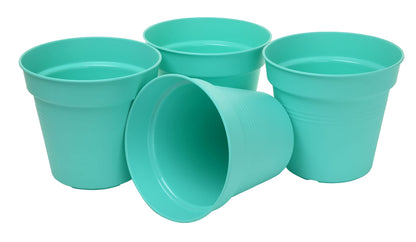 Mintra Garden Pots, 4 Pack Bulk Plastic Plant Pots with Drainage Tray, Round Indoor & Outdoor Decorative Planters with Drain Holes for Flowers, Herbs & Plants, 19cm Diameter – Teal, 7.5 in