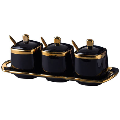 Fvstar Black Sugar Bowl with Lid and Spoon,Ceramic Condiment Jars Spice Container with Tray,Sugar and Salt Bowls,Gold Condiment Containers Pots Seasoning Box Set of 3 for Kitchen Coffee Bar