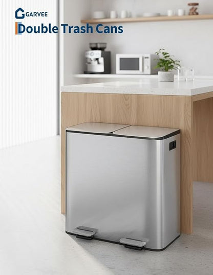 Garvee Double Trash Can, 2 x 10.6 gal (2 x 40 L) Garbage Can for Kitchen Dual Compartment Recycling Kitchen Step Trash Bin, Stainless Steel Trash and Recycle Bin Combo with Soft-Close Lid,Silver