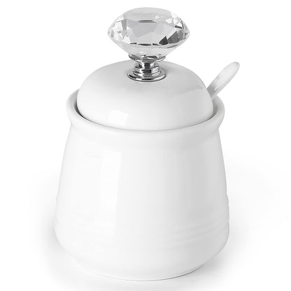 ONTUBE Ceramics Sugar Bowl with Crystal Lid and Spoon 12oz, Silver