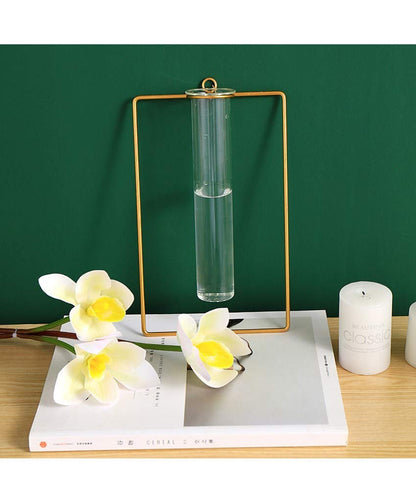 Nordic Wall Vase,Gold Geometric Vase Hanging Hydroponic Planter,Wall-Mounted Metal Glass Tube Bud Vase Decorative for Centerpieces Wedding Home Decor(Gold 1)