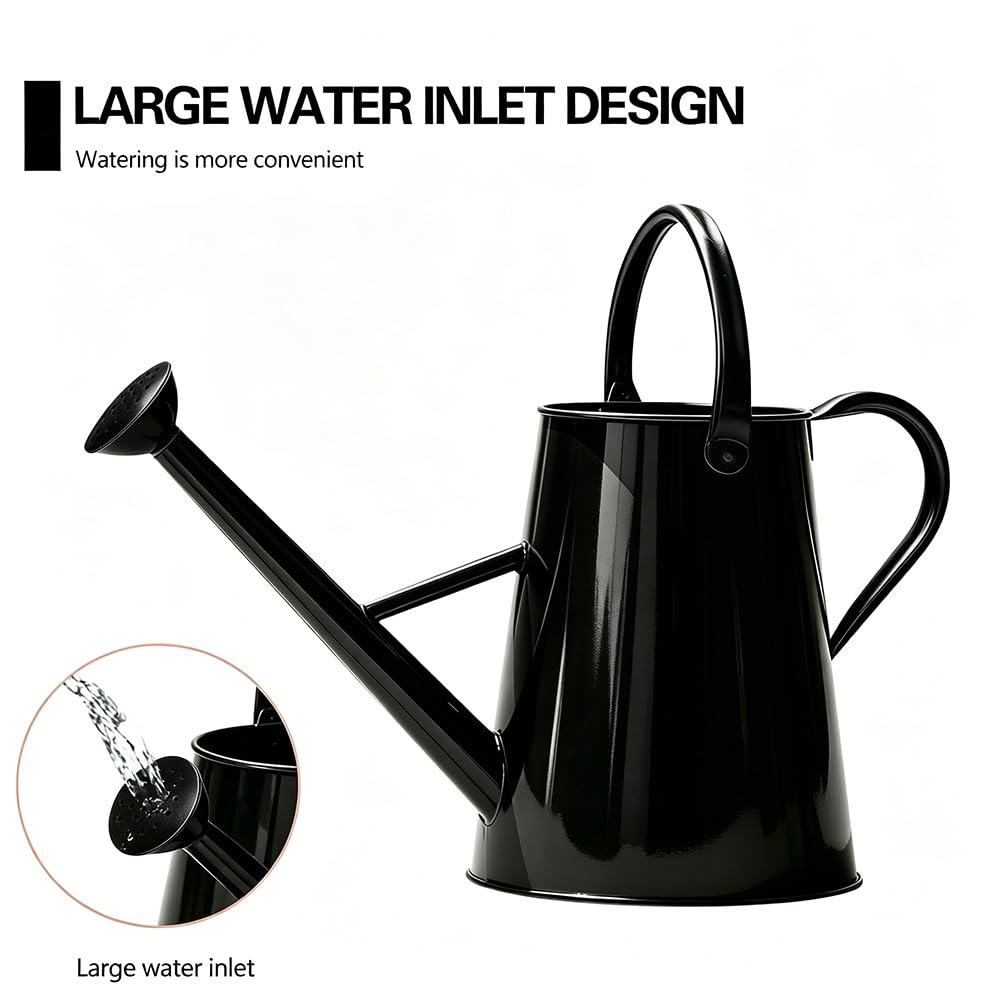 SunnyTong Metal Watering Can for Outdoor and Indoor Plants, Watering Can Decor, 1.5 Gallon（Black）