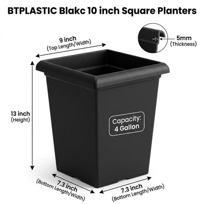 10 inch Square Planters - 4 Pack Deep 13 inch Plastic Plant Pot with Drainage Holes & Raised Feet, Matte Black 4 Gal Heavy Duty Thick Indoor Outdoor Flower Pot for Trees, Roses, Tomatoes