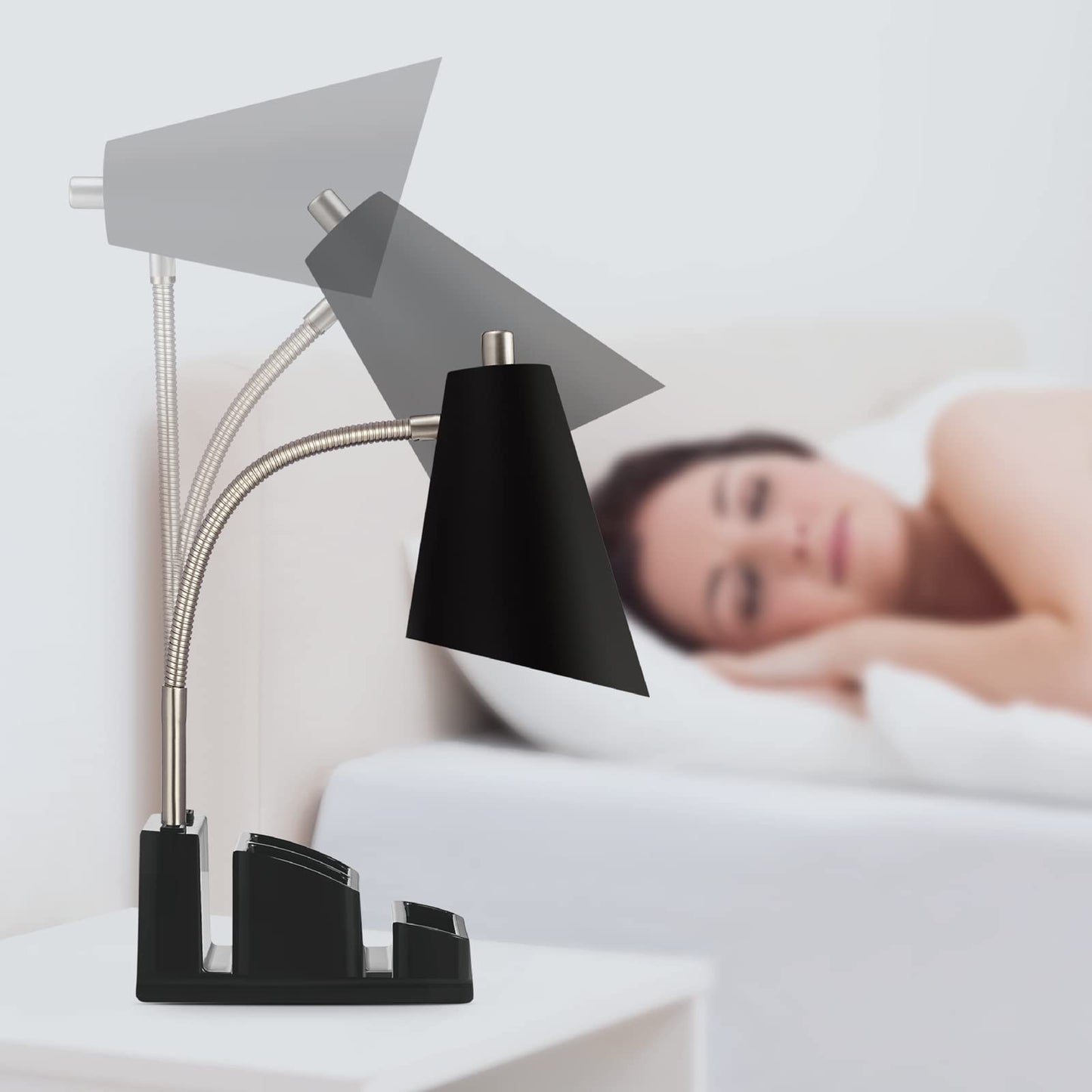 LED Desk Lamp with 1 USB Charging Port and 1 AC Outlet, Organizer Base, Adjustable Neck, On/Off Switch, Modern Table Lamp for Reading, Working, Studying, Gentle Warm White Light, Eye Protect(Black)