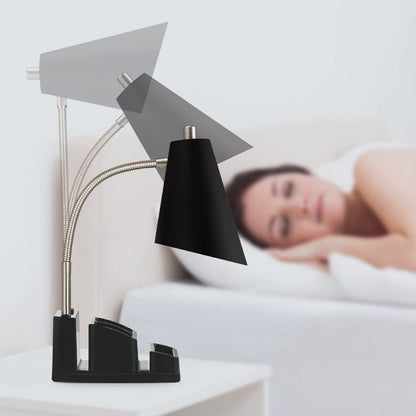 LED Desk Lamp with 1 USB Charging Port and 1 AC Outlet, Organizer Base, Adjustable Neck, On/Off Switch, Modern Table Lamp for Reading, Working, Studying, Gentle Warm White Light, Eye Protect(Black)