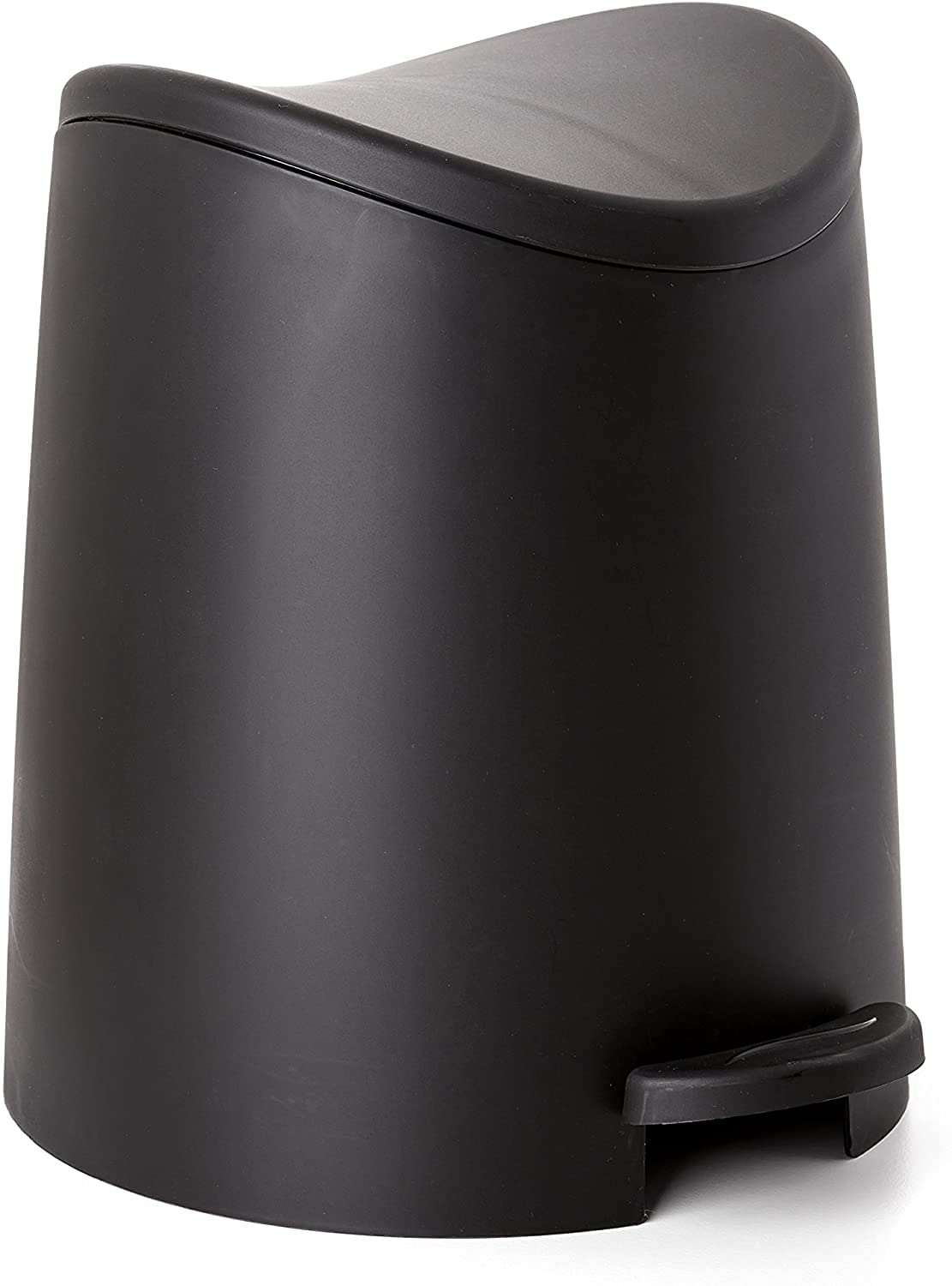 Superio MIni Plastic Bathroom Trash Can with Lid 3 Liter Black Modern Curved Step On Trash Can with Foot Pedal, Mini Kitchen Waste Bin, Durable and Soft Close for Bedroom, Office, Under Desk