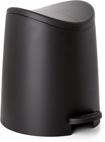 Superio MIni Plastic Bathroom Trash Can with Lid 3 Liter Black Modern Curved Step On Trash Can with Foot Pedal, Mini Kitchen Waste Bin, Durable and Soft Close for Bedroom, Office, Under Desk