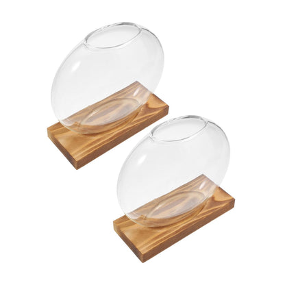 OUNONA 2pcs Hydroponic Propagation Glass Vessels with Wooden Base, Small Containers for Indoor Plants, Desk Terrarium Station for Home and Office Decor