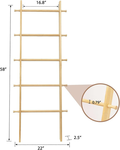 5-Tier Blanket Ladder – 4.8 Ft Wall Leaning Quilt Rack, Farmhouse Blanket Storage for Living Room, Bedroom & Bathroom – Rustic Decorative Wooden Towel & Quilt Holder, Easy to Assemble