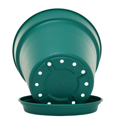 Mintra Garden Pots, 4 Pack Bulk Plastic Plant Pots with Drainage Tray, Round Indoor & Outdoor Decorative Planters with Drain Holes for Flowers, Herbs & Plants, 19cm Diameter – Forest Green, 7.5 in
