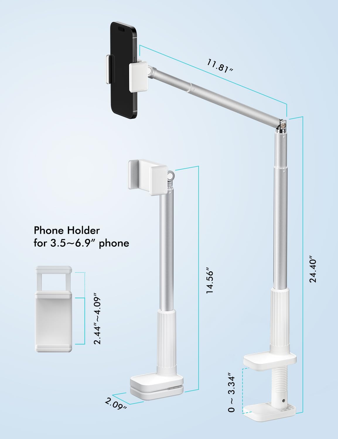 Viozon Phone Holder, Flexible Long Arm,Overhead Mount,360° Angle Adjustable,Aluminum Alloy, C Clamp for Headboard Bedside&Table&Desk,Compatible with 3.5"-6.9" Phone,iPhone 16 15 Plus/Pro Max W