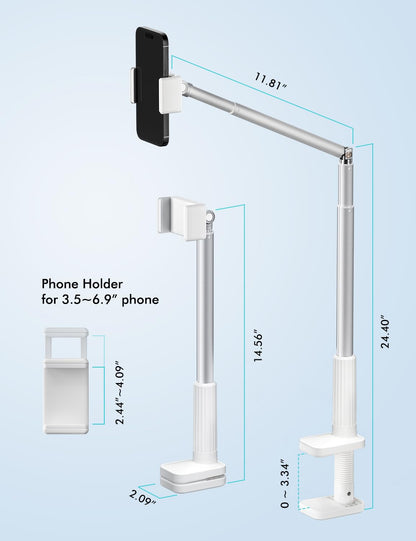 Viozon Phone Holder, Flexible Long Arm,Overhead Mount,360° Angle Adjustable,Aluminum Alloy, C Clamp for Headboard Bedside&Table&Desk,Compatible with 3.5"-6.9" Phone,iPhone 16 15 Plus/Pro Max W