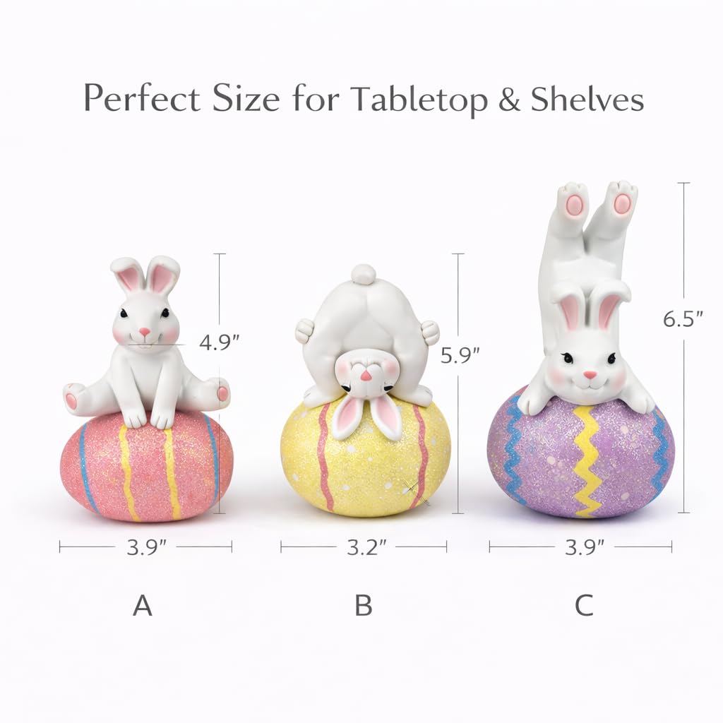 GoGnome Easter Decoration Indoor, Set of 3 Resin Easter Bunny Figurines on Pastel Eggs – 6.5''H Playful Rabbit Spring Decor for Shelf, Mantel & Tabletop (Pink/Yellow/Purple)