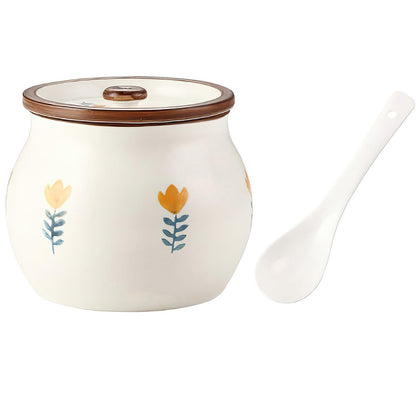 auons Ceramic Salt and Sugar Bowl, Porcelain Condiment Jars with Lid and Spoon, Seasoning Spice Pot Bowl, Salt Sugar Pepper Storage Jar, 600ml, Yellow Flower