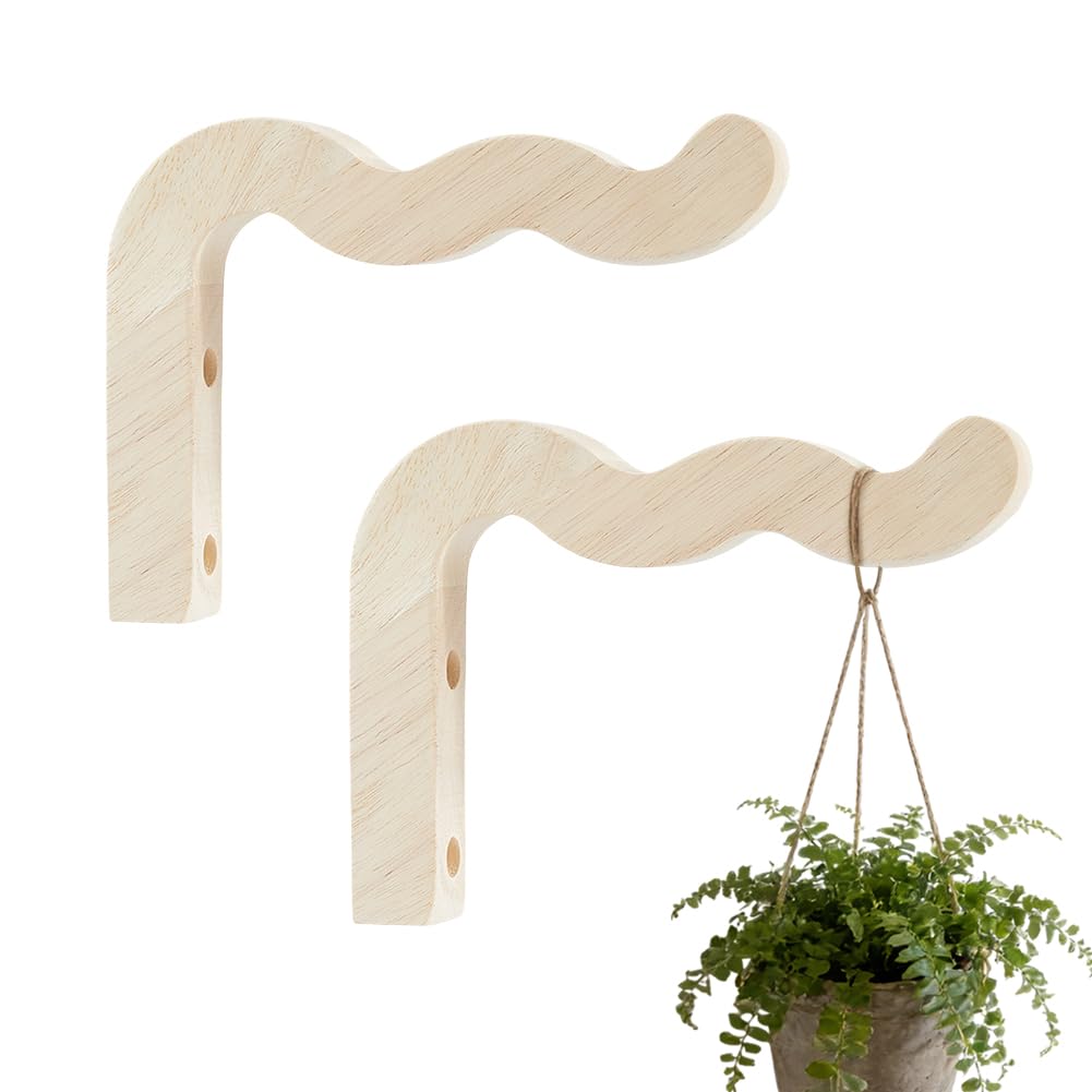 PH PandaHall 2 Sets Wooden Plant Hangers 7 Inch Wave-Shaped Hanging Hook Wall Mount Plants Hanger Indoor Outdoor Hanging Baskets for Wind Chimes Flower Pots Bird Feeders Garden Ornaments