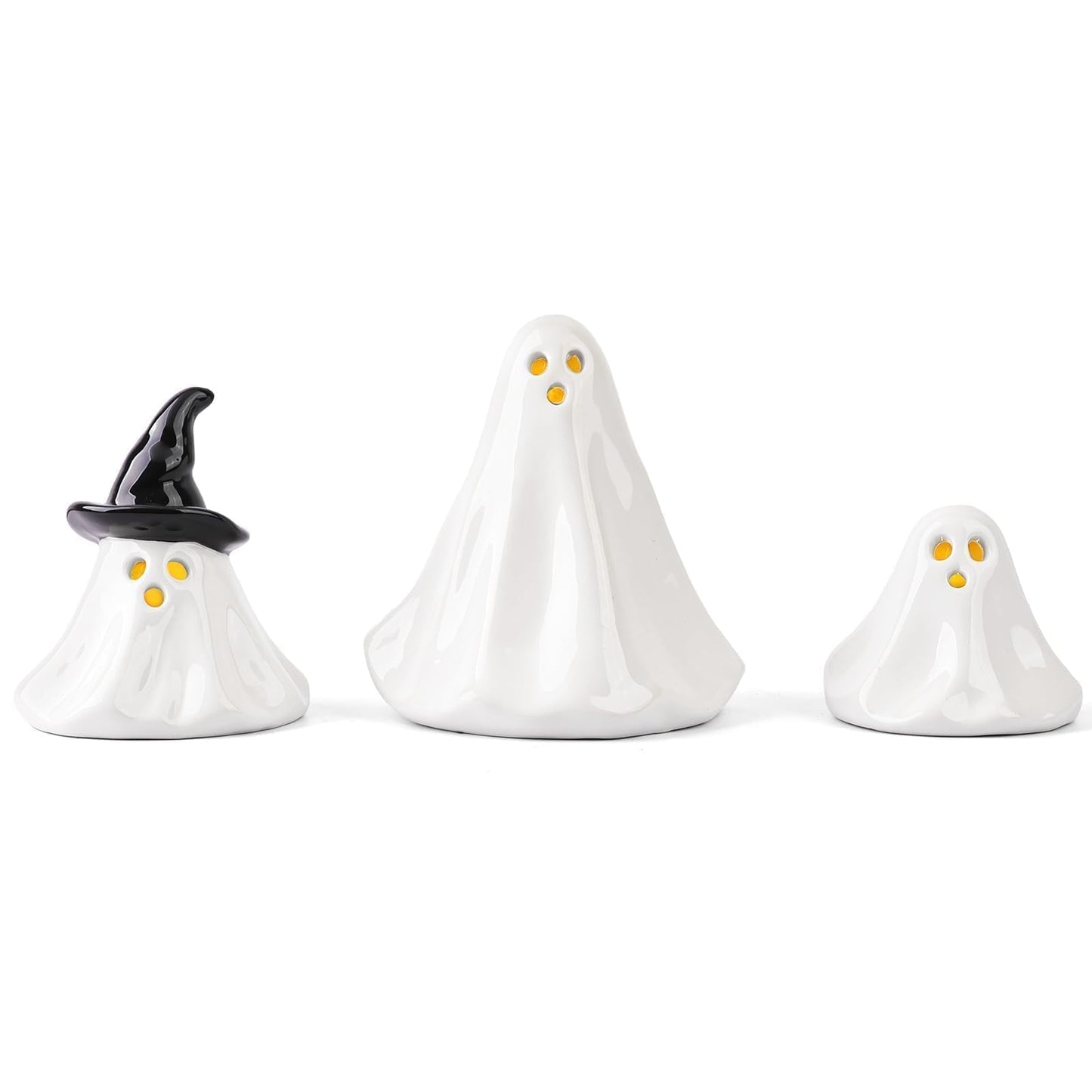 Halloween Ghost Decorations Indoor: 3ct Light Up Ceramic Ghost Decor, Cute Halloween Decor Figurines with LED Tea Lights for Table Desk Tiered Tray Mantel Home Office Home Farmhouse Girls Kids Party
