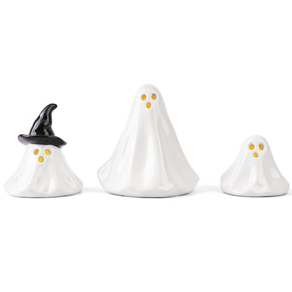 Halloween Ghost Decorations Indoor: 3ct Light Up Ceramic Ghost Decor, Cute Halloween Decor Figurines with LED Tea Lights for Table Desk Tiered Tray Mantel Home Office Home Farmhouse Girls Kids Party