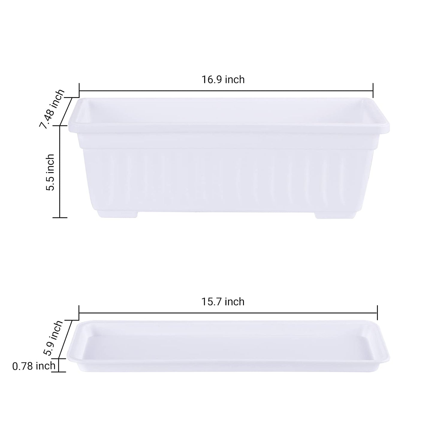 GREANER Plastic Flower Boxes Rectangle, 6 Pack Large Long Planter 16.9x7.48Inch Modern Thicken Vegetable Plant Pot with Tray for Garden, Kitchen, Houses, Offices, Balcony, Outdoor Indoor Use - White
