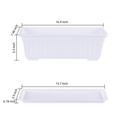 GREANER Plastic Flower Boxes Rectangle, 6 Pack Large Long Planter 16.9x7.48Inch Modern Thicken Vegetable Plant Pot with Tray for Garden, Kitchen, Houses, Offices, Balcony, Outdoor Indoor Use - White