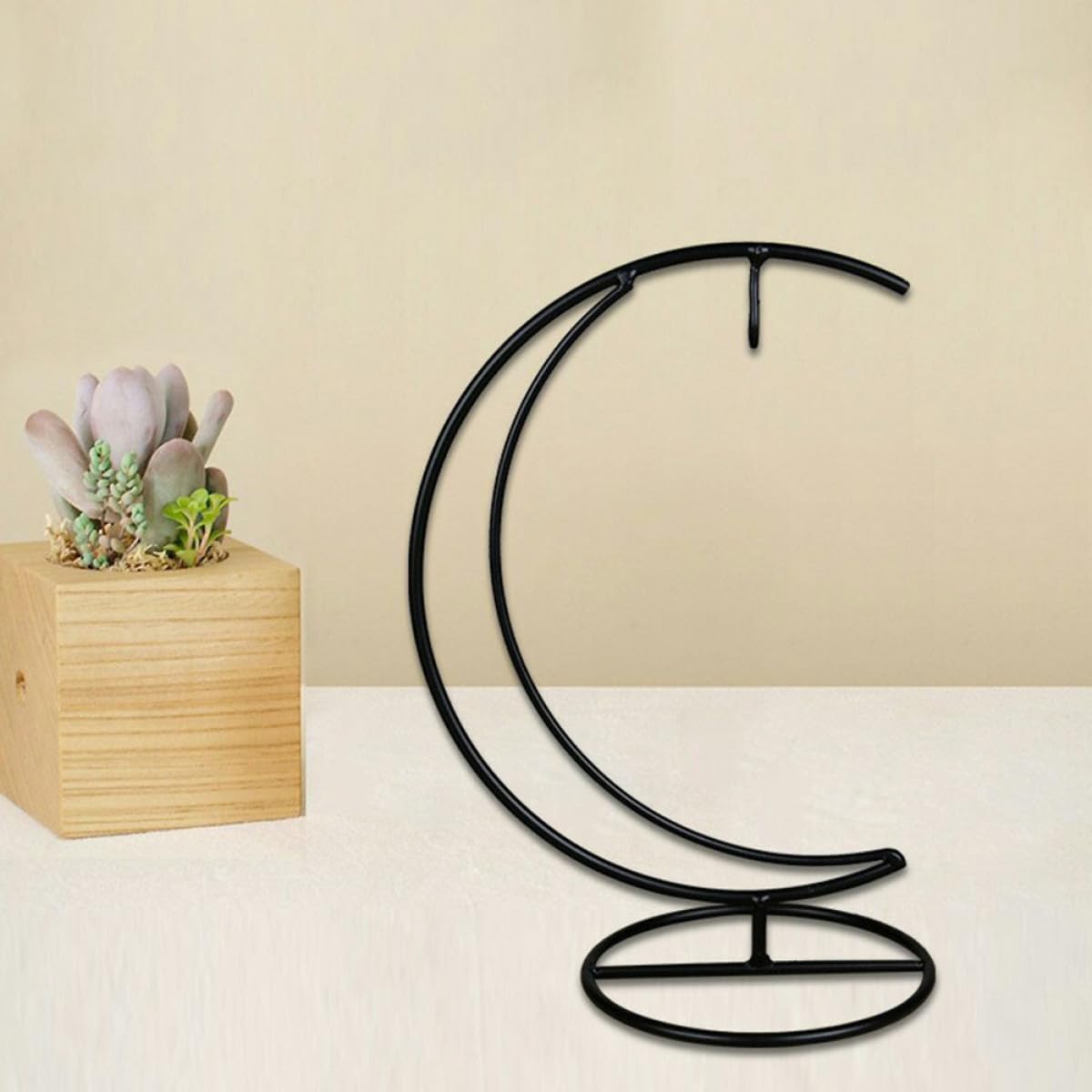 EPIGEIST Moon-shaped Iron Ornament Display Stand for Hanging Terrariums and Plant Pots Compact Desktop Decor Holder with Pendulum Style Contemporary Transparent Globe Display for Home