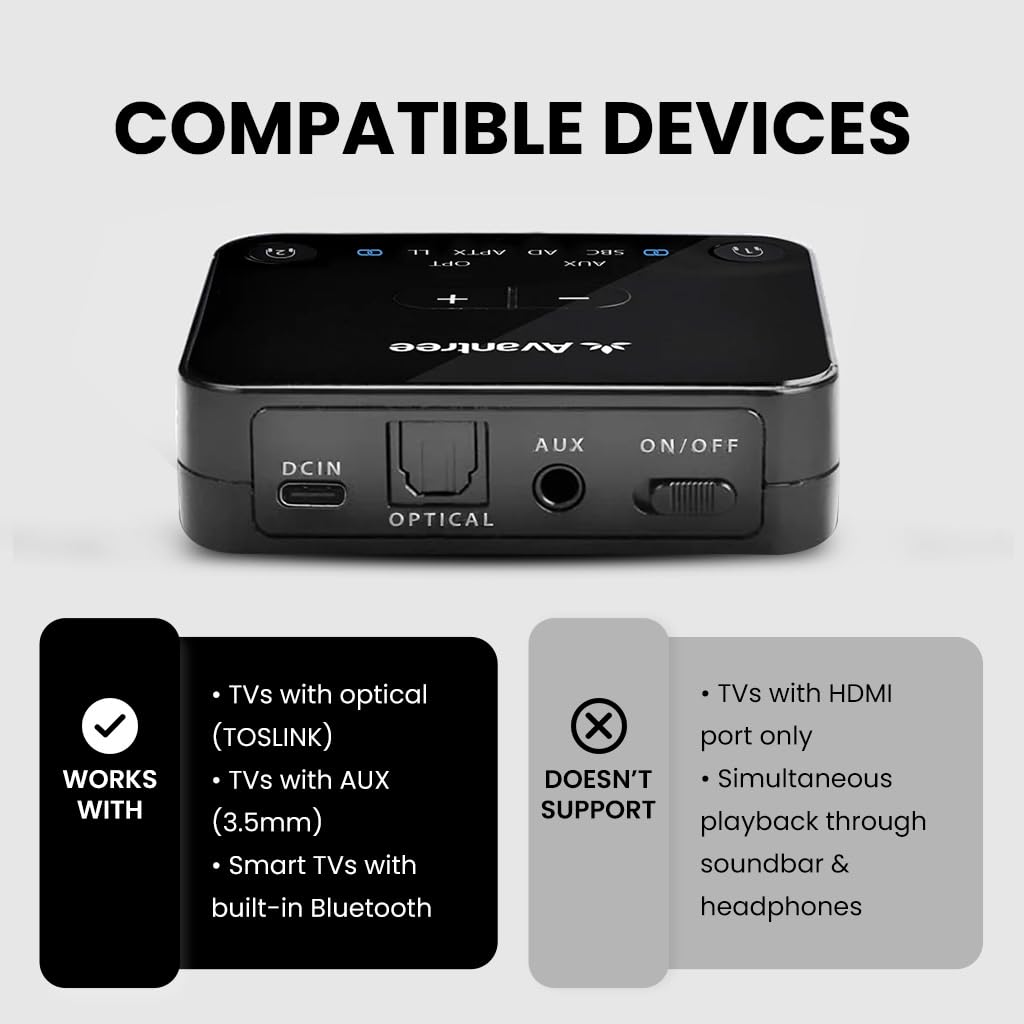Avantree HT41899 Plus 2 - Dual Bluetooth Wireless Headphones for TV Watching with Transmitter & Charging Docks, aptX Adaptive & Low Latency Support, Compatible with Optical & 3.5mm AUX TVs