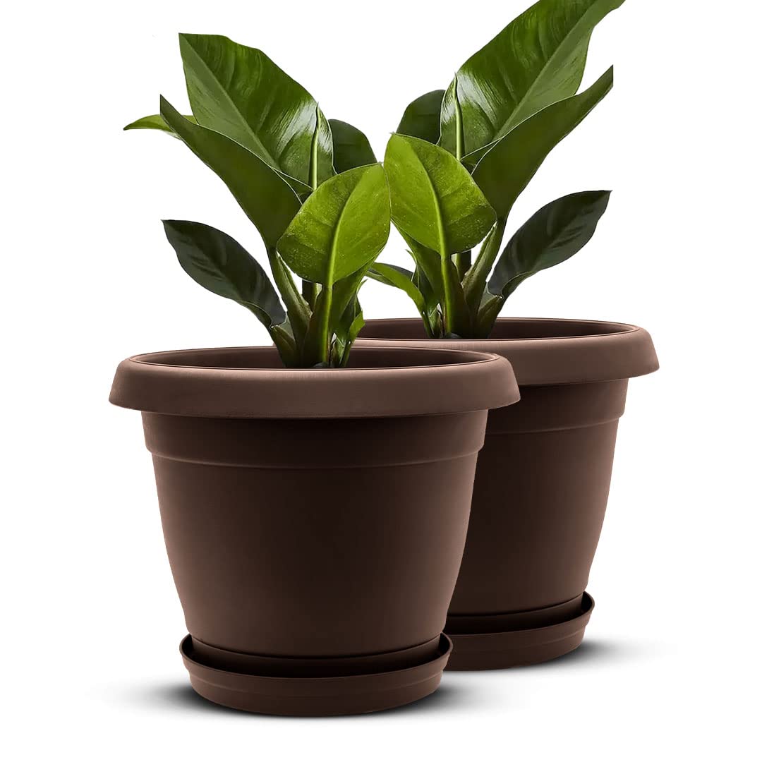 Cubiark Garden 2 pcs 8 Inch Planter Pot with Tray & Drainage, Indoor Plant Pots, Textured Finish, Outdoor Plastic Plant Pot for Porch, Patio, Deck & Balcony (Brown)