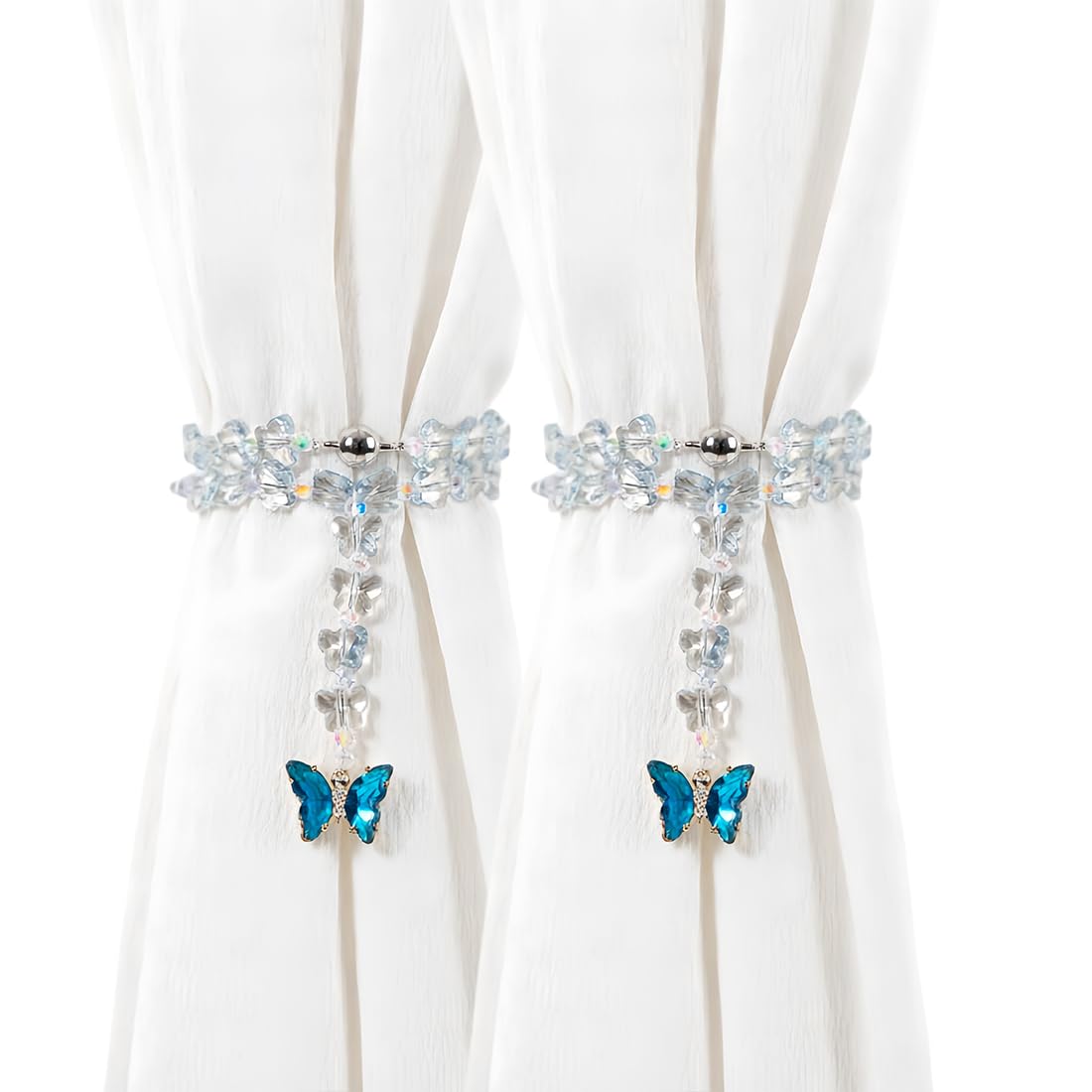 Magnetic Curtain Tiebacks, 2 Pack Crystal Butterfly Beaded Pendants Draperies Holdbacks for Window Home Office Decor (Blue)
