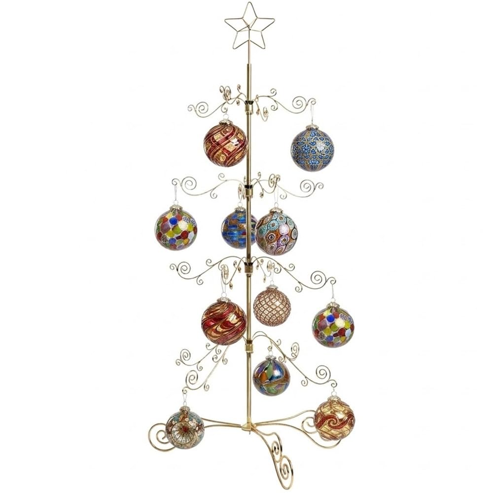 HOHIYA 3 Ft Wrought Iron Ornament Display Stand with 56 Hooks Metal Christmas Tree Alternative for Ornaments Halloween and Year-Round Decor Tabletop Rack Brass Gold