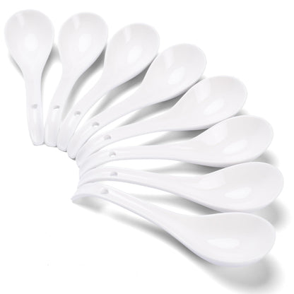 Soup Spoons Set of 8, Ceramic Chinese Soup Spoon, Asian Soup Spoons, White Japanese Spoon Large for Ramen Pho Wonton Dumpling Miso, Deep Oval Hook Design (8 pcs-6.7 inch)
