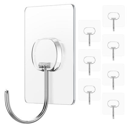 JINSHUNFA Adhesive Wall Hooks 13LB Heavy Duty No Drill Large Transparent Waterproof Hooks for Bathroom Kitchen Towel Coat 8 Pack