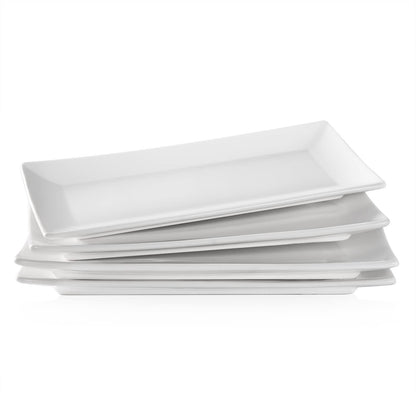 LIFVER Serving Platter, White Rectangle Plates Set of 4, 10 Inches Sushi Plate, Ceramic Serving Trays for Party, Dessert, Appetizer, Steak, Serving Dishes for Entertaining, Dishwasher & Oven Safe