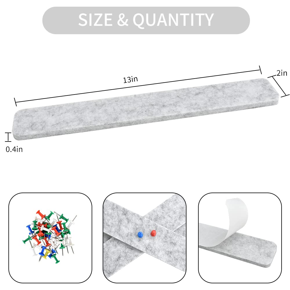 Vuzvuv 8Pcs Light Grey Cork Board Bar Strips with 50 Pushpins & Sticky Notes, Self-Adhesive Bulletin Board Strips No Damage for Wall, Felt Pin Board for Paste Notes, Photos, Schedules Office Decor