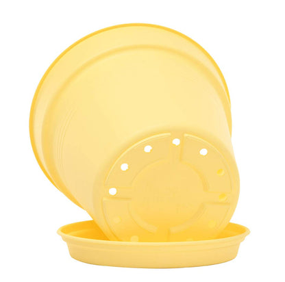 Mintra Garden Pots, 4 Pack Bulk Plastic Plant Pots with Drainage Tray, Round Indoor & Outdoor Decorative Planters with Drain Holes for Flowers, Herbs & Plants, 19cm Diameter – Yellow, 7.5 in