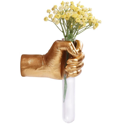 Gold Hand Vase, Wall Mounted Decor - Hanging Statue for Living Rooms & Entrance, Funky Art Sculpture Planter, Esculturas de Pared, Macetas Decorativas, Flower Tubes, Test Tubes for Plants