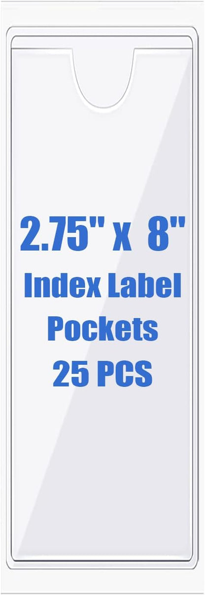 Origin-Joy 25 PCS Self-Adhesive Index Label Pockets, Clear Plastic Peel & Stick Card Holders with Top Open for Loading (2.75 x 8 inch)