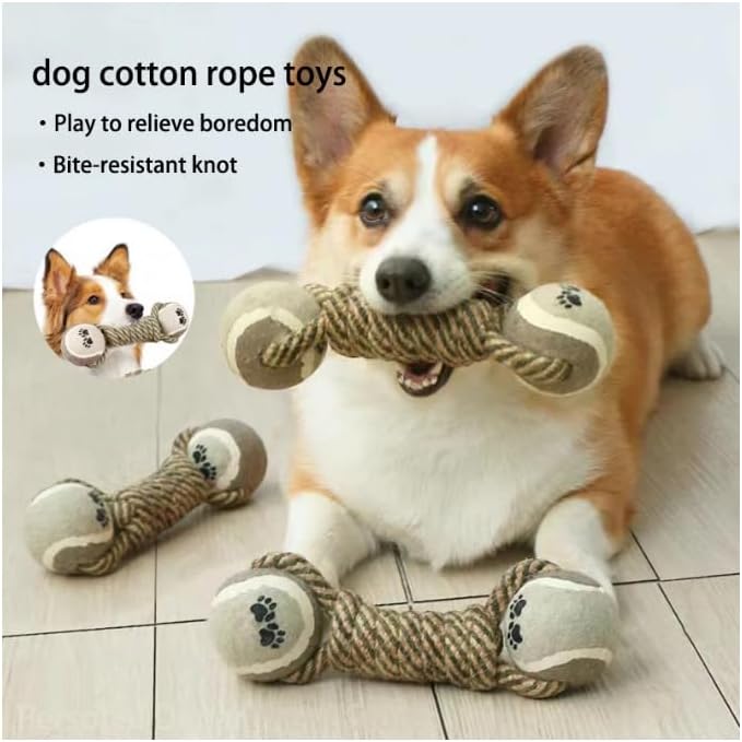 Interactive Rope Dog Chew Toy with Tennis Balls – Durable Cotton Tug & Fetch Toy for Puppies and Small to Large Dogs