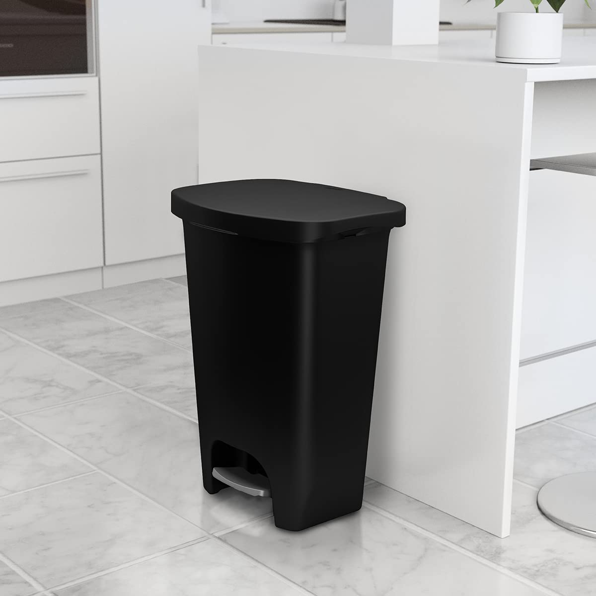 Glad Premium 20 Gallon Trash Can - Plastic Kitchen Waste Bin with Odor Protection of Lid, Stainless Steel Step On Foot Pedal and Garbage Bag Rings, Black