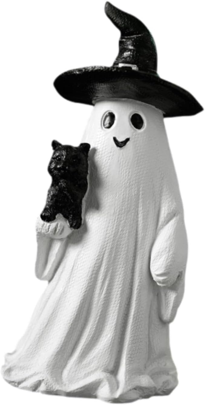 Garkria Resin Halloween Ghost Black Cat Figurine Miniature Ghost and Black Cat Statue Collectible Tabletop Ornaments for Halloween Home Party Decor - White