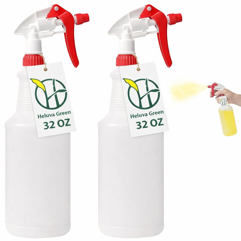 Heavy Duty 32oz Plastic Spray Bottles for Cleaning - Large Empty Industrial Bottles for Gardening Solutions, Vinegar, Chemicals, Professional Cleaners - Adjustable Sprayer Nozzle - Red 2 Pack