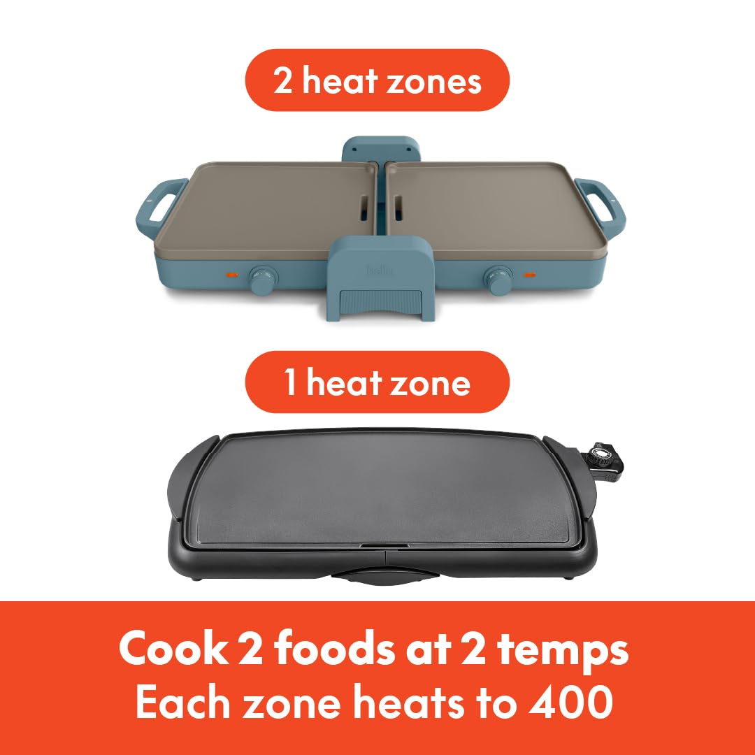 Bella 10"x 20" Ceramic Fold-n-Store Dual Temp Griddle, Fits-anywhere Kitchenware, EverGood Ceramic Nonstick Coating, 2 Temperature Zones up to 400°F, Dishwasher Safe Drip Tray, 1500 Watt, Oatmilk