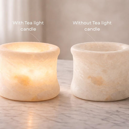 Single White Alabaster Candle Holder - Egyptian Tealight and Votive Candles Holders with Amber Glow for Home Décor - Natural Stone Soothing Tranquil