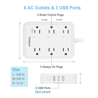 TESSAN Smart Power Strip with 6 Outlet 3 USB, WiFi Wall Smart Outlet Plug with 3 Remote Controll Outlets, Compatible with Alexa Google Assistant for Home Office, Only 2.4 GHz Wi-Fi